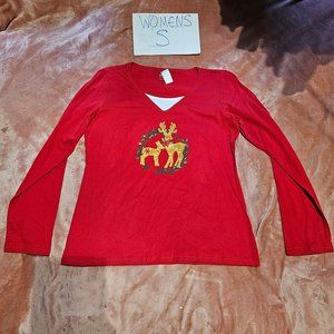 Womens S Holiday Editions Reindeer Embellish Mock Layer Long Sleeve Graphic Tee